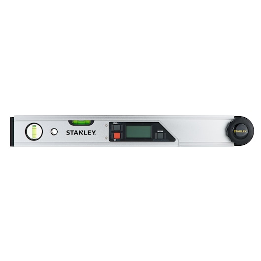 Photo of STANLEY 0-42-087 digital spirit level with LCD display and two vials, front angle.
