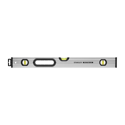 Photo of STANLEY 0-43-625 spirit level, silver with three bubble vials and black accents, front angle on white background.