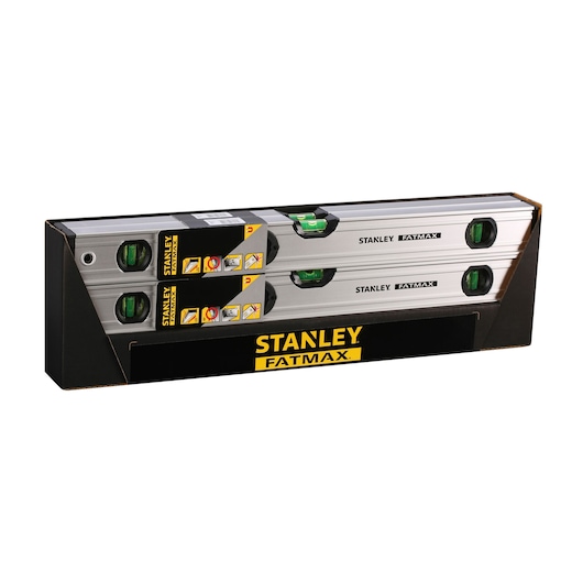 STANLEY 0-43-625 spirit level set, FATMAX, front angle, silver with green vials in retail packaging.