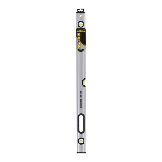 Photo of STANLEY 0-43-637 spirit level, silver with three vials, black hand grip, product upright on white background.
