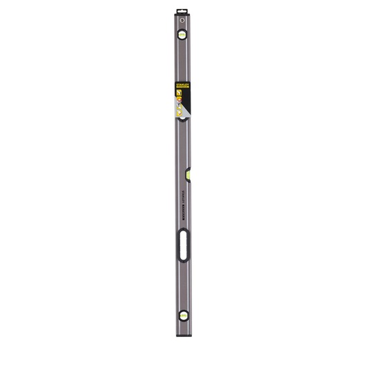STANLEY 0-43-648 spirit level, silver with black accents, three vials, front angle on white background.