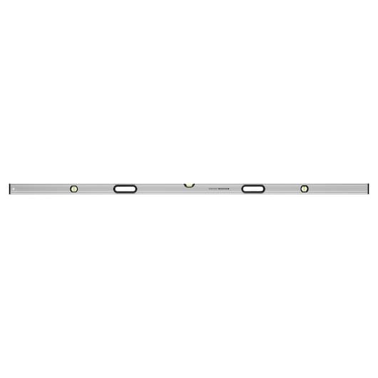 STANLEY 0-43-679 box level with aluminum body, three bubble vials, black hand grips, front view, white background.