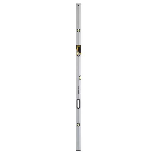 STANLEY 0-43-679 spirit level, silver aluminum, four vials, straight-on product photo.