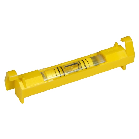 STANLEY 0-47-443 yellow plastic line level, side angle, with clear vial and black markings.