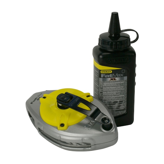 STANLEY 0-47-488 chalk line reel with silver and yellow body, plus black chalk powder bottle, front angle.