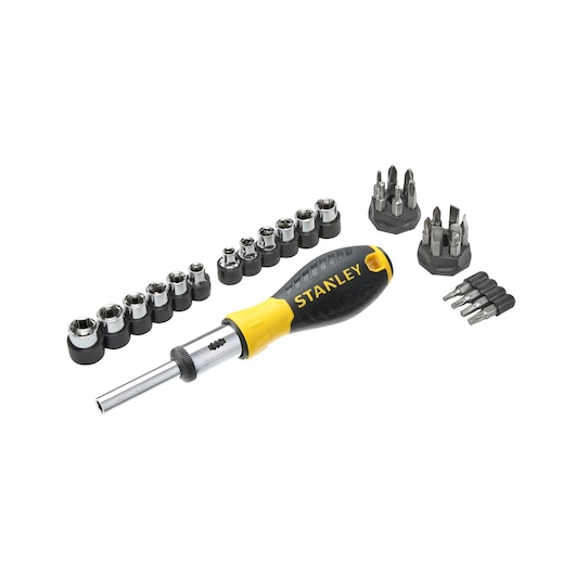 STANLEY 0-54-925 screwdriver set with black-yellow handle, sockets, and bits, product photo on white background.