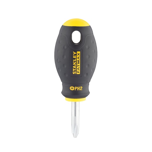 Photo of STANLEY 0-65-407 stubby Phillips screwdriver with black and yellow handle, front view on white background.