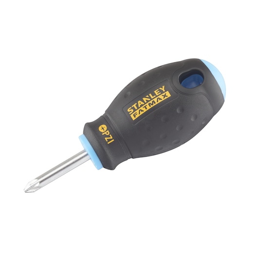 STANLEY 0-65-408 stubby Phillips screwdriver, FATMAX black and blue handle, product side view on white background.