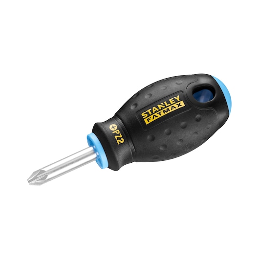 STANLEY 0-65-409 stubby Phillips screwdriver with black textured handle, yellow logo, and blue tip, angled view.