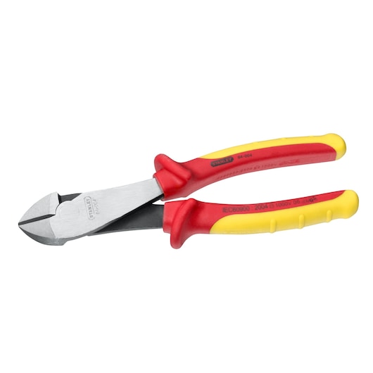 Photo of STANLEY 0-84-004 insulated diagonal cutting pliers with red and yellow handles, side view on white background.