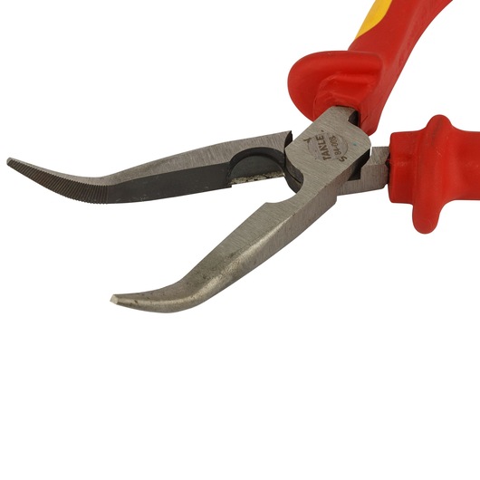 STANLEY 0-84-008 bent nose pliers with red and yellow handle, side angle on white background.