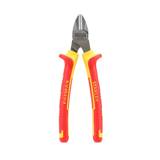 Photo of STANLEY 0-84-009 diagonal cutting pliers with red and yellow insulated handles, front angle.