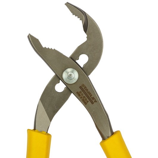 STANLEY 0-84-294 slip joint pliers with yellow handles, close-up, white background.