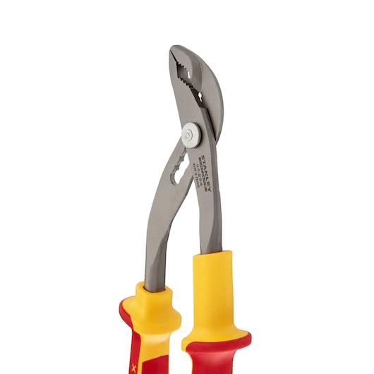 STANLEY 0-84-294 insulated groove joint pliers with red and yellow handles, front angle on white background.