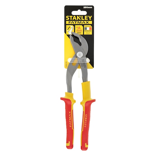 Stanley 0-84-294 insulated pliers, red and yellow handles, FatMax branding, front angle photo.