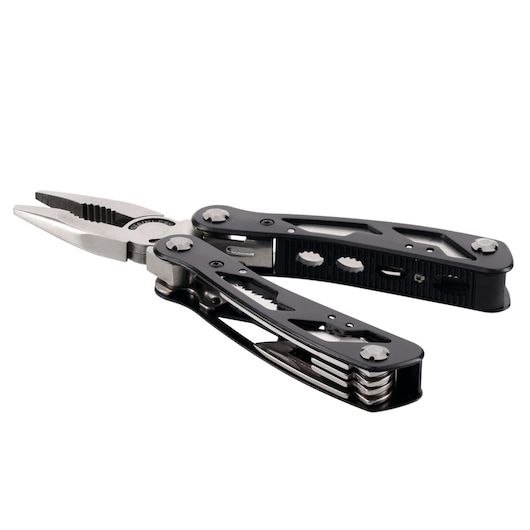 Black Stanley multi-tool with pliers and various fold-out tools, displayed open on a white background.