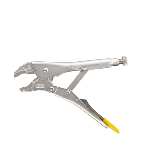 STANLEY 0-84-809 adjustable locking pliers with curved jaws and yellow grip, side view on white background.