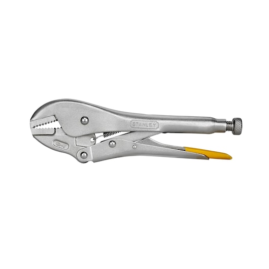 STANLEY 0-84-811 locking pliers, silver metal with yellow handle grip, side view on white background.