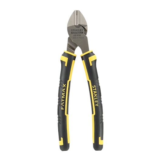STANLEY SKU 0-89-858 side view of black and yellow diagonal cutting pliers with ergonomic handles.