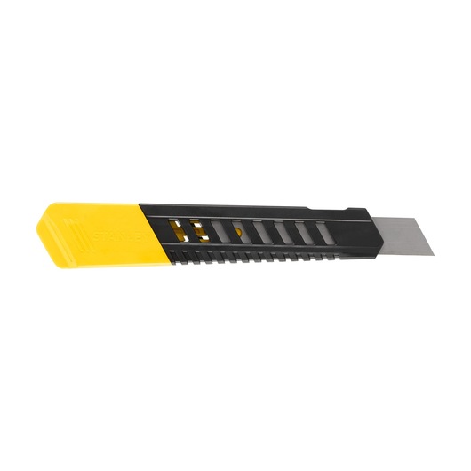 Photo of STANLEY 1-10-151 utility knife with yellow and black handle, side view on white background.