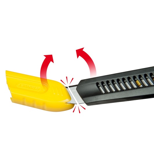 STANLEY 1-10-151 utility knife with yellow blade cover and demonstration arrows on white background, side view.