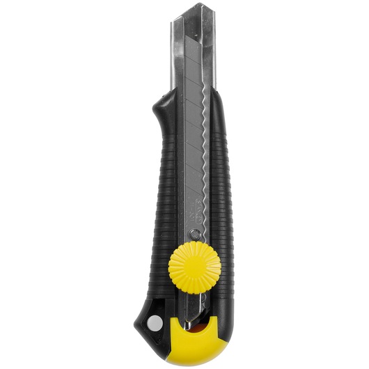 Photo of STANLEY 1-10-418 utility knife with black ribbed handle and yellow blade lock, front view on white background.
