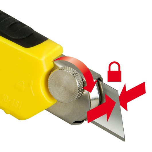 Photo of STANLEY 1-10-481 utility knife blade lock mechanism, close-up with red arrows showing locking function.