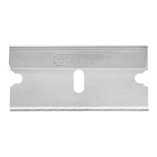 A single metal razor blade for utility purposes, with STANLEY branding engraved on the top.