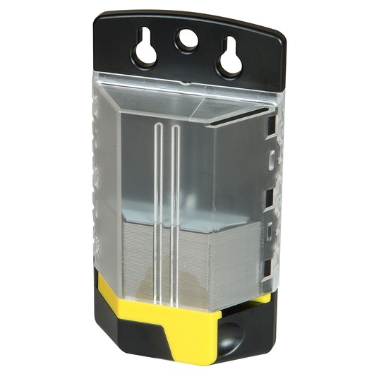 Stanley utility blade dispenser with clear plastic body and black top, showing blades inside.