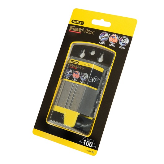 STANLEY 1-11-700 FatMax utility knife blades pack, front angle, black and yellow cardboard packaging.