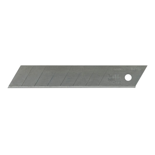 STANLEY 1-11-718 photography of utility knife snap-off blade, silver metal, angled tip, side view on white background.