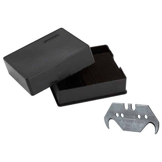 Stanley utility blades in a black plastic box with one blade shown outside for display.