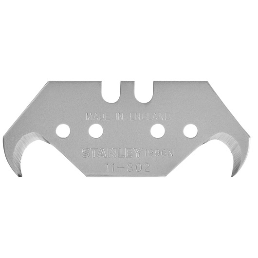 Stanley 11-802 hook utility blade, made of metal with three holes and engraved text, used for cutting materials.