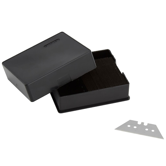 STANLEY 1-11-908 box of utility blades with open black plastic case, single blade shown, product photography, angled view.