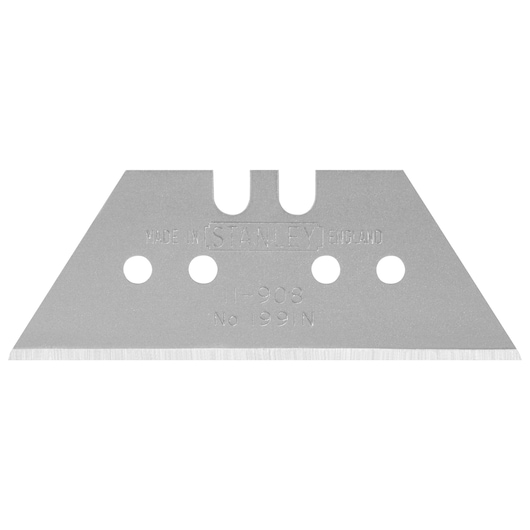 Stanley utility knife blade, trapezoidal shape with sharp edge and three holes for attachment.