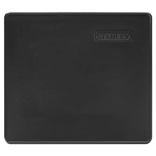 STANLEY 1-11-908 black square rubber mat with embossed logo, top view, photography product.
