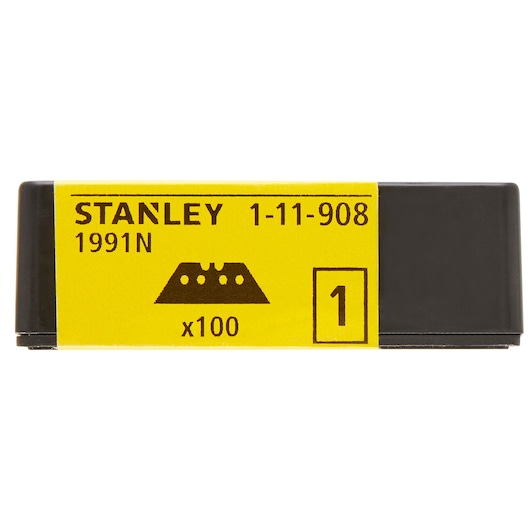 STANLEY 1-11-908 utility blades pack, yellow and black packaging, product photography, front view.