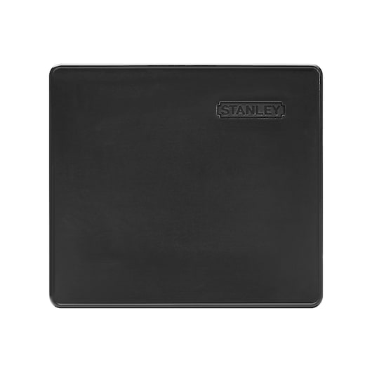 Photo of STANLEY 1-11-983 black rubber kneeling pad, rectangular, top view, with embossed STANLEY logo.
