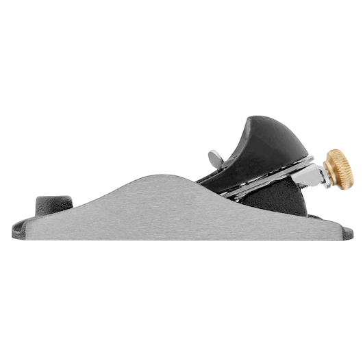 STANLEY 1-12-220 block plane, side view, metal body with brass adjustment knob, hand tool category.