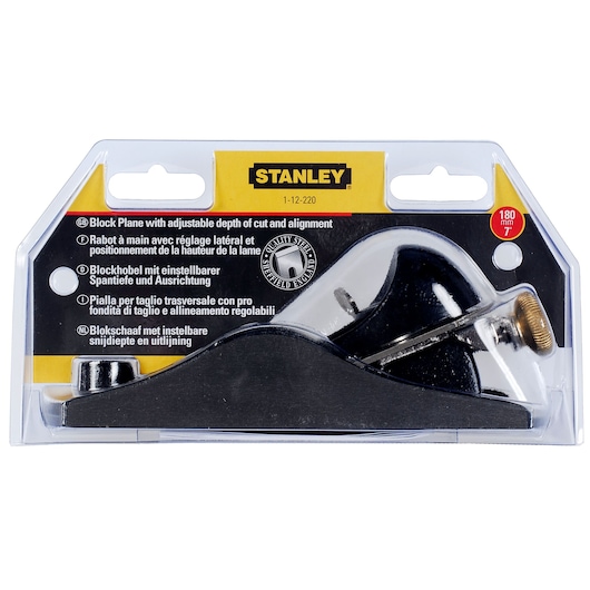 STANLEY 1-12-220 block plane in retail packaging, black with adjustable depth, photographed front angle.