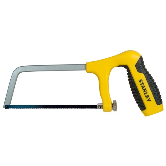 Handheld hacksaw with a yellow and black grip and STANLEY branding, suitable for cutting metal.