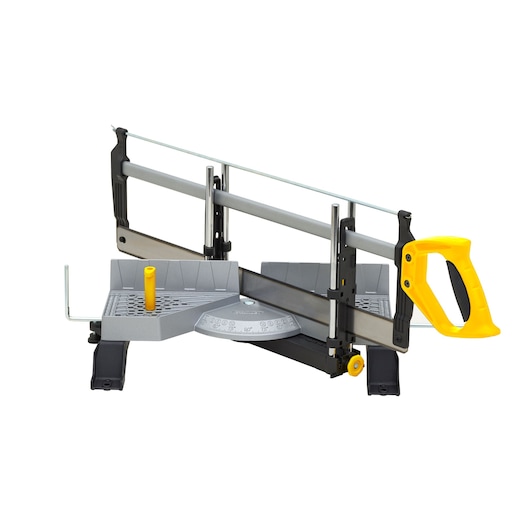STANLEY 1-20-800 miter box saw with yellow handle, side angle, gray base, white background.
