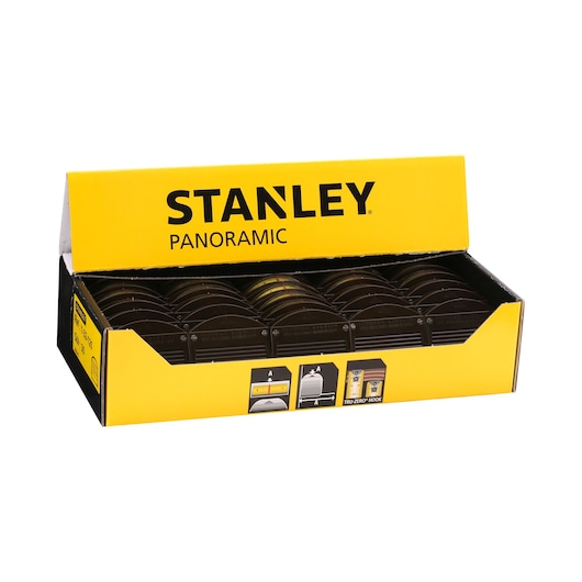 STANLEY 1-32-125 panoramic tape measure box, yellow and black, front angle, photography category.