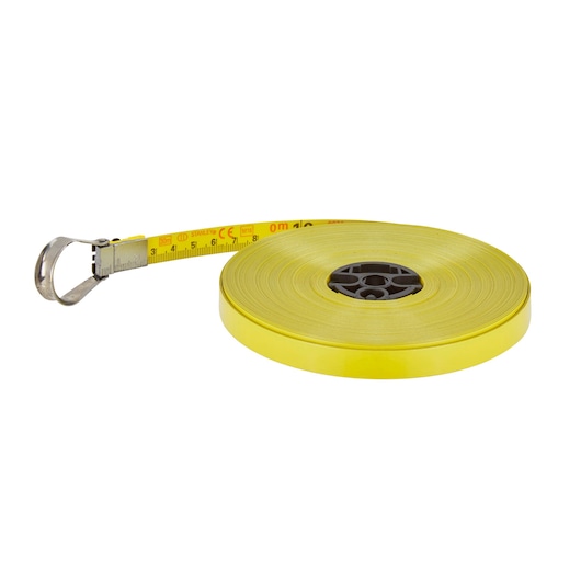 Stanley yellow measuring tape reel with metal hook, used for precise measurements in construction and photography.