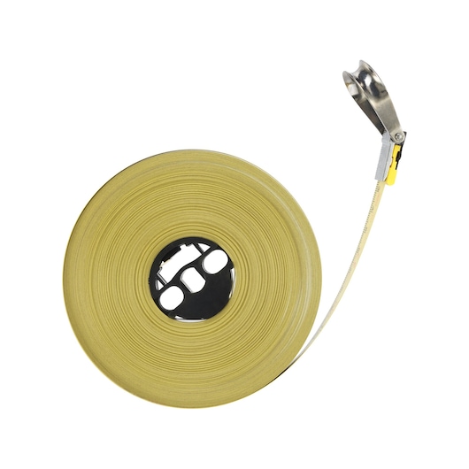 STANLEY 1-34-734 yellow fiberglass measuring tape, photography, top view on white background.