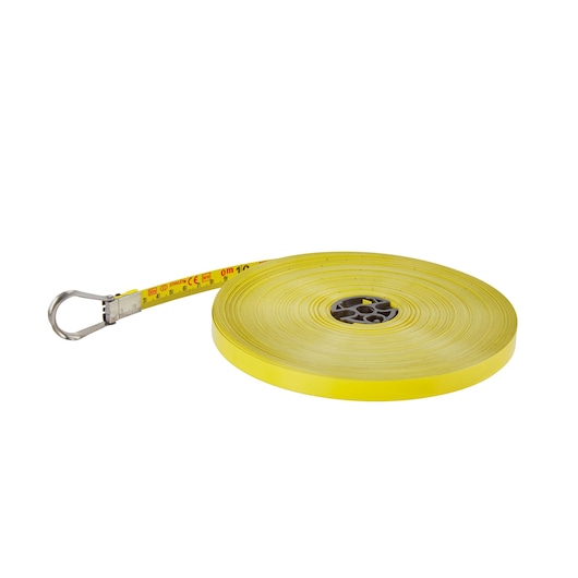 Yellow measuring tape reel with metal loop and printed scale, suitable for precise measurement tasks.