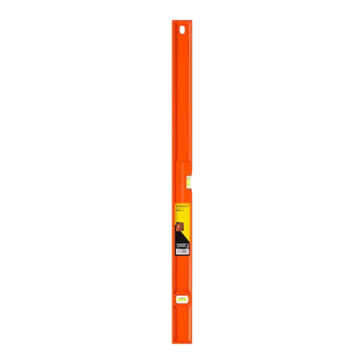 Photo of STANLEY 1-42-254 orange spirit level, front view on white background, featuring two vials for leveling.