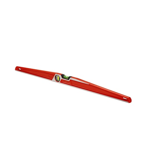 Red Stanley spirit level tool with bubble vial in center, designed for precise measurements.