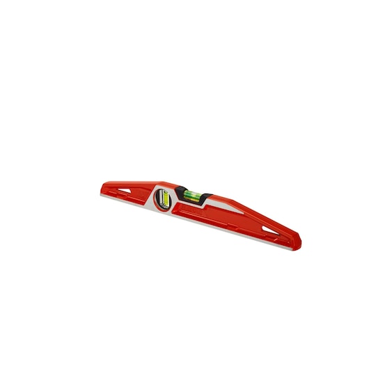 Stanley red spirit level with bubble indicator, placed against a white background.