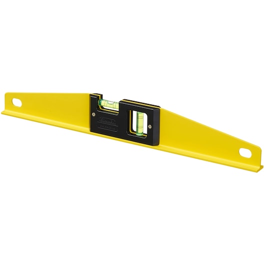 Yellow Stanley spirit level with two vials and a black center, used for measuring horizontal and vertical alignment.